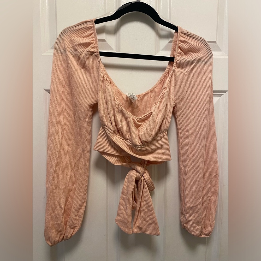Pink Tie-Back Ribbed Long-Sleeve Crop Top